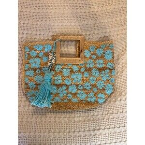 Boho Straw Clutch Bag Turquoise Floral Wood Handle  Beach Vacation Resort Pool